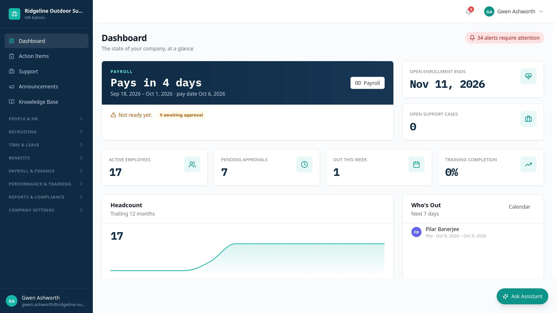 A client's portal dashboard: next pay date, open enrollment deadline, headcount and who's out.